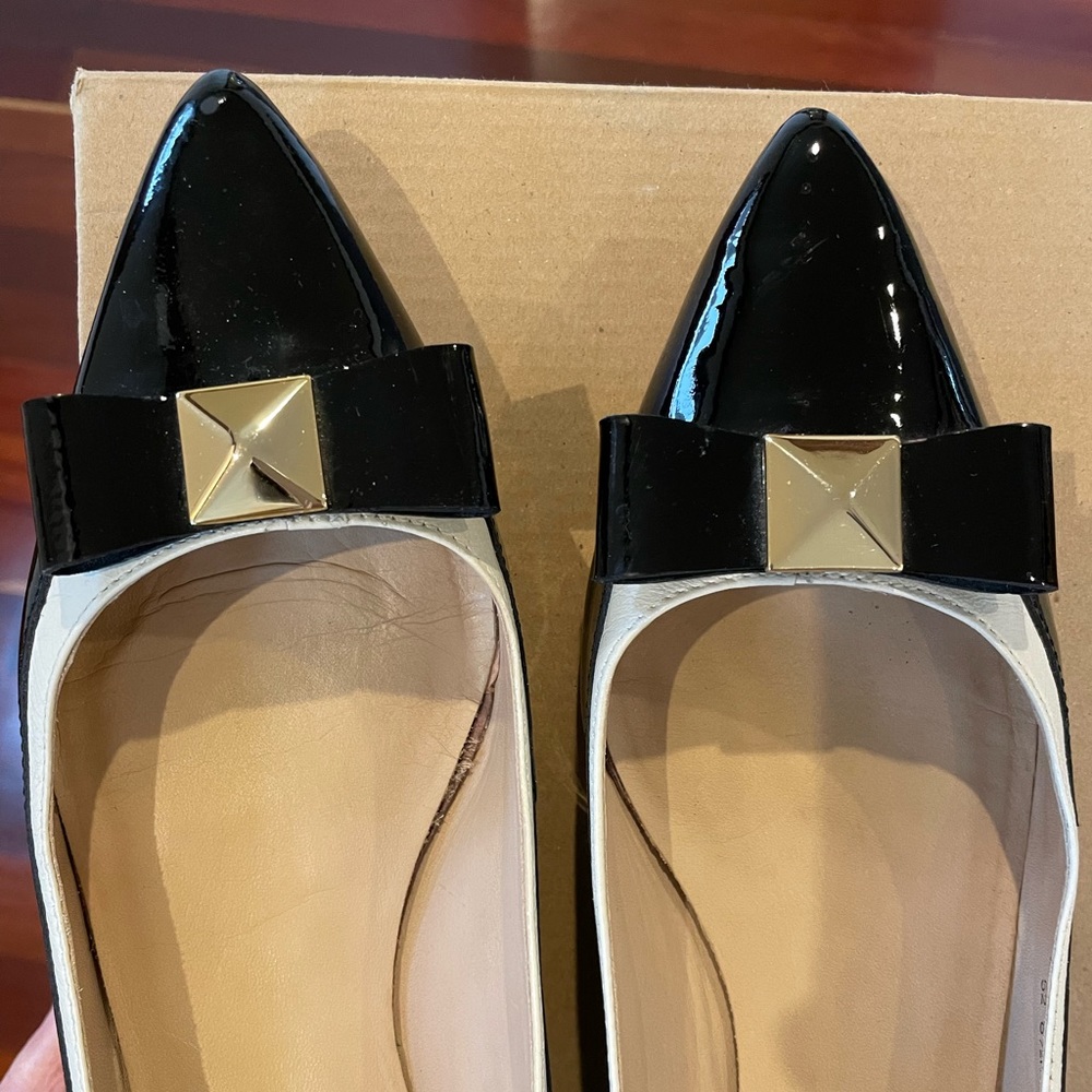 Black patent and white Kate Spade low heels